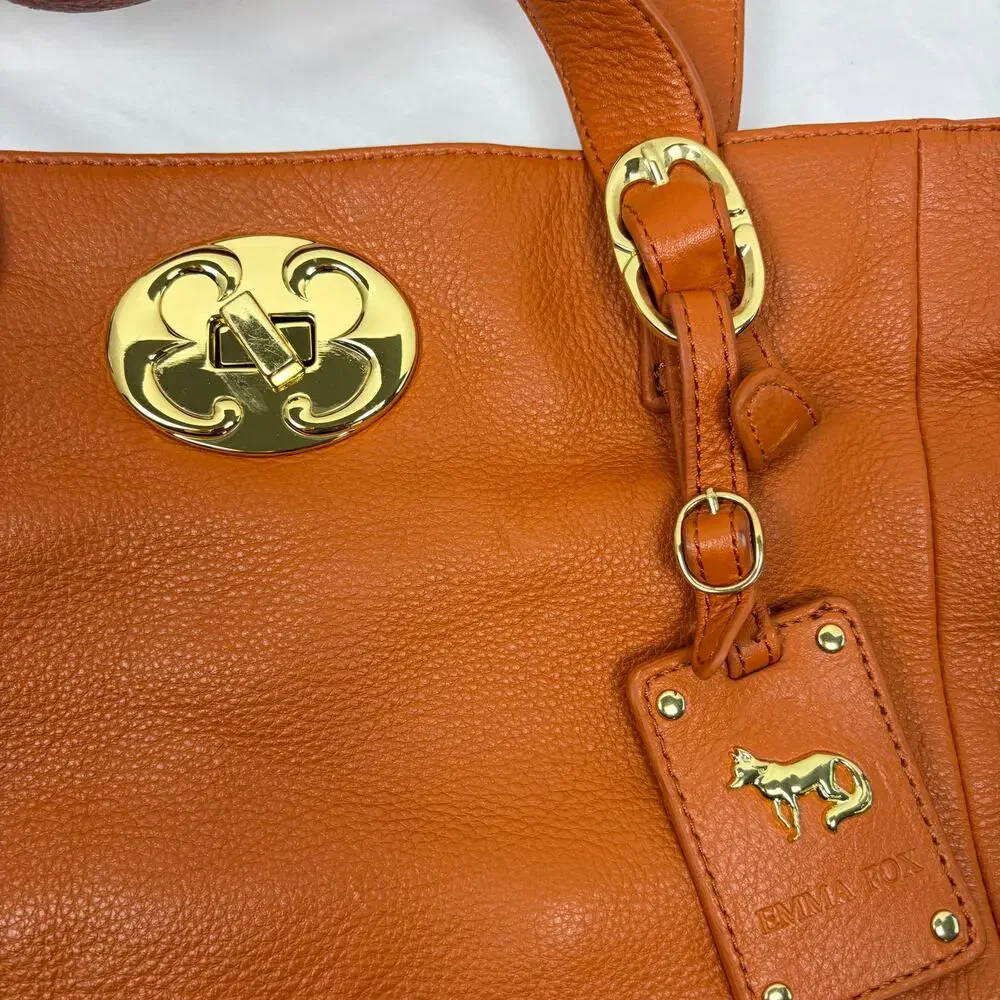 Emma Fox orange brown soft leather tote handbag. floral lining. satchel, purse